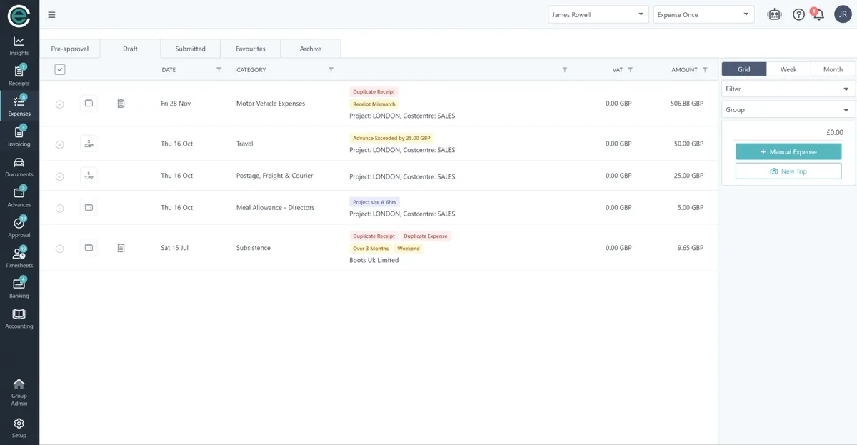 Draft expenses with policy alerts on each line: duplicate receipt, receipt mismatch, advance exceeded, over three months and weekend