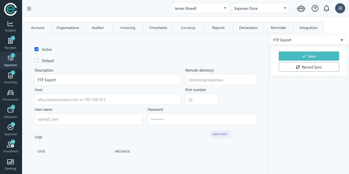 The FTP export settings in Capture Expense: host, port, remote directory, sign-in and sync logs