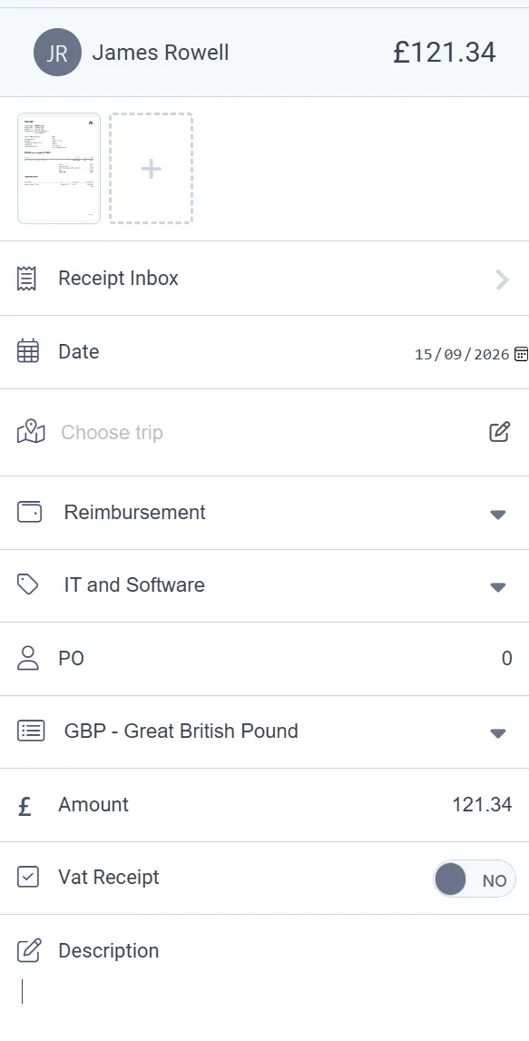Adding an expense in the mobile app with the receipt attached