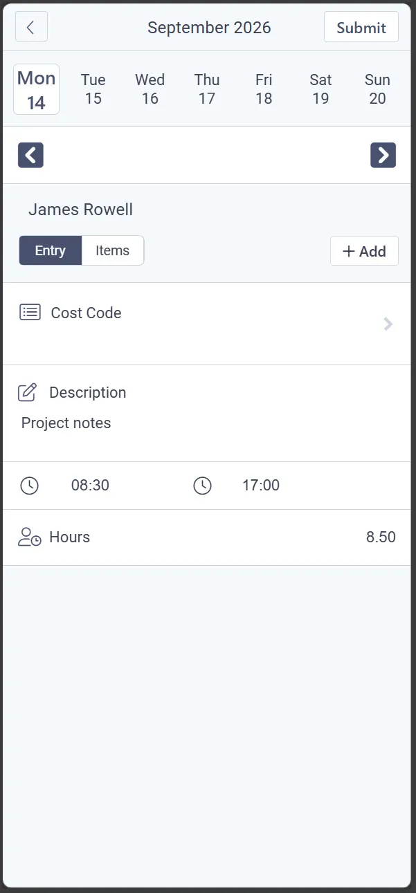 A weekly timesheet in the Capture Expense mobile app